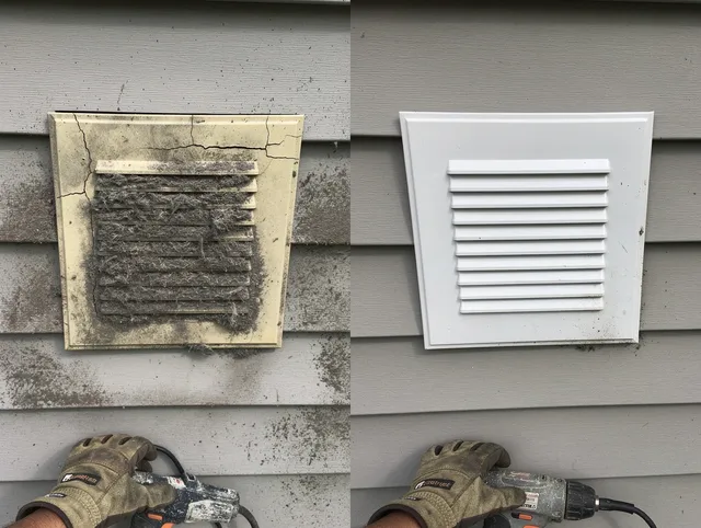 Cornelius Dryer Vent Cleaning technician installing high-quality dryer vent cover at a residential property in Cornelius